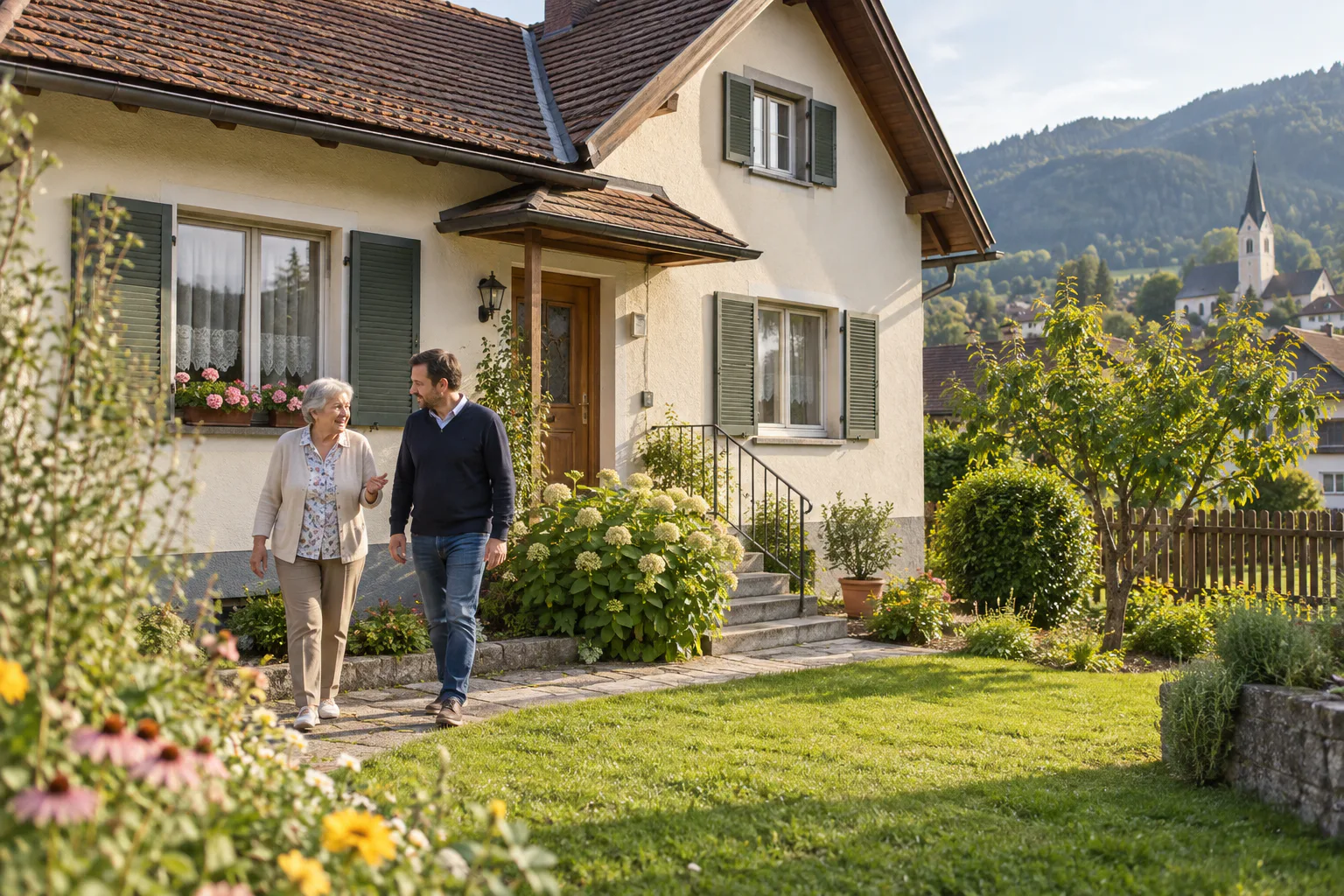 Ältere Frau und Angehöriger gehen vor einem österreichischen Haus durch den Garten